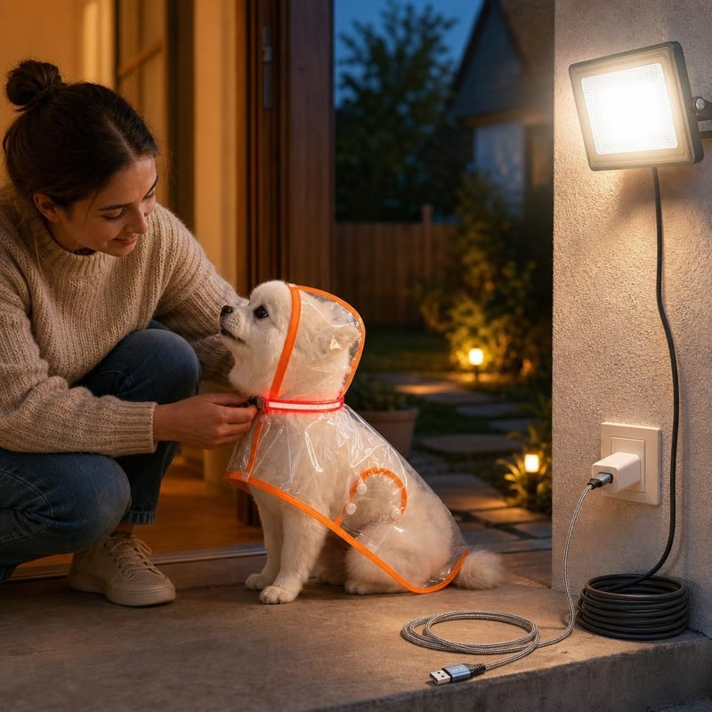 Pachet plimbare nocturnă câini: Pelerină M + Zgardă LED USB + Reflector IP66 + Cablu 9m
