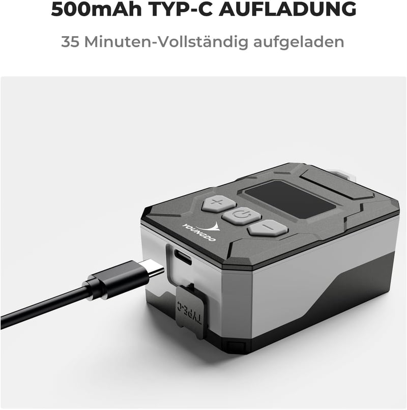 YOUNGDO Mini Elektromos Kerékpárpumpa 150 PSI - 500 mAh Akkumulátor, Valós Idejű Nyomáskijelző, Presta és Schrader Szeleppel Kompatibilis