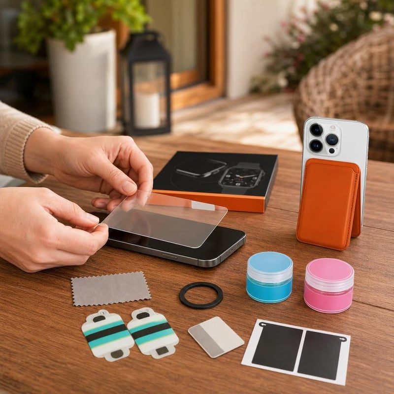 Paket za zaštitu i njegu iPhonea: zaštitna folija + MagSafe novčanik + 2x gel za čišćenje