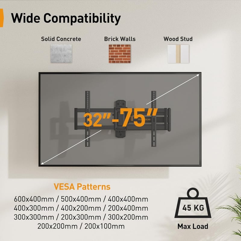 Perlegear TV Fali Tartó 32-75" LCD/LED/OLED Készülékekhez - 822 mm Hosszú Kar, 180° Forgatható, Sarokba Szerelhető, VESA 600x400mm, 45kg Teh