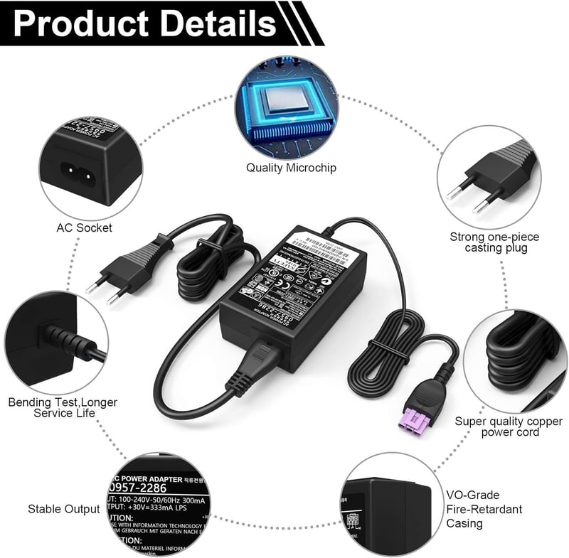 Nyomtató Tápegység 30V 333mA HP Deskjet 1000 1050 1055 2050 3050 Sorozathoz - Kompatibilis 0957-2286 0957-2290 Modellekkel, Fekete