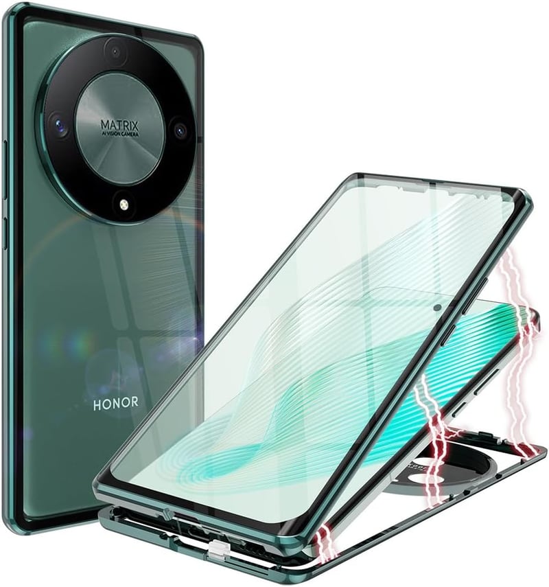 Honor Magic 6 Lite mágneses tok - 360°-os zöld alumínium keret üveg hátlappal