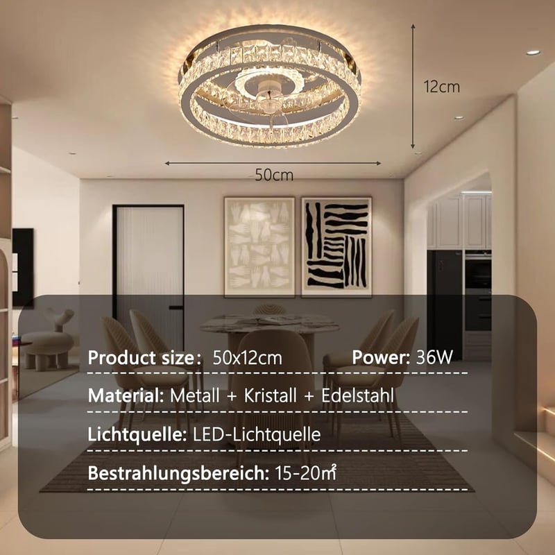 MiiR Modern LED Mennyezeti Ventilátor Kristály Lámpatesttel - 36W, Távirányítós, 6 Sebességes, Csendes, Időzíthető - Hálószobába, Nappaliba,