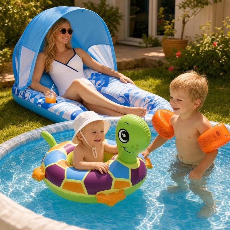 Detský letný set k vode: 1× plávacie koleso + 1× bazén so strieškou + 1× plávacie rukávniky 1–6 rokov