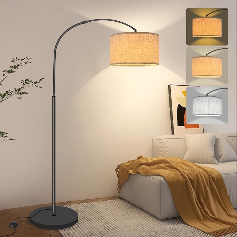 Fortand Ívelt Állólámpa - 12W LED E27 Lámpa 3 Színhőmérséklettel, Modern Olvasólámpa Bézs Lenvászon Ernyővel, Lábkapcsolós Retro Dizájn Napp