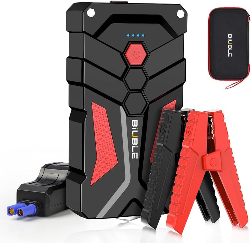 BIUBLE 12V-os autós indító powerbank LED lámpával és USB töltővel