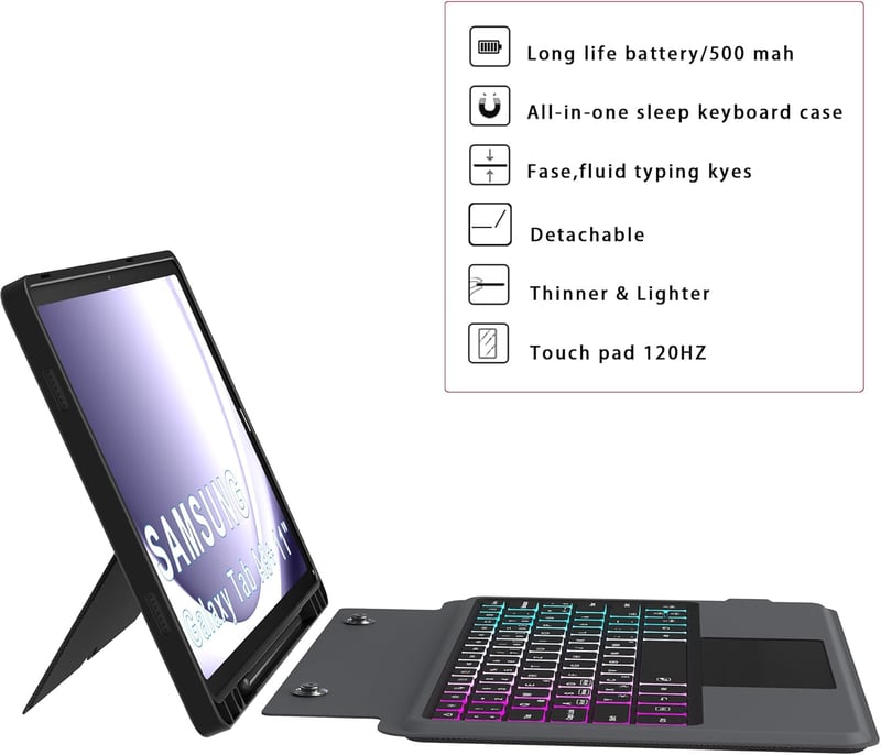 Samsung Galaxy Tab A9+ tok QWERTZ billentyűzettel - 7 színű háttérvilágítás, trackpad, állvány (11")