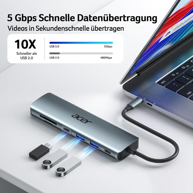 Acer 7-in-1 USB-C Hub - 4K HDMI, 2x USB 3.0, 100W PD, SD/TF Kártyaolvasó, Alumínium Dokkoló iPhone 15/16, MacBook, iPad Pro/Air