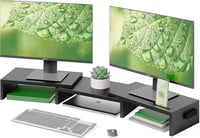 BONTEC Dupla Monitor Állvány - Állítható Magasságú és Szögű Fa Asztali Szervező Telefontartóval, Kábelrendezővel PC Monitorhoz, Laptophoz, 5 1