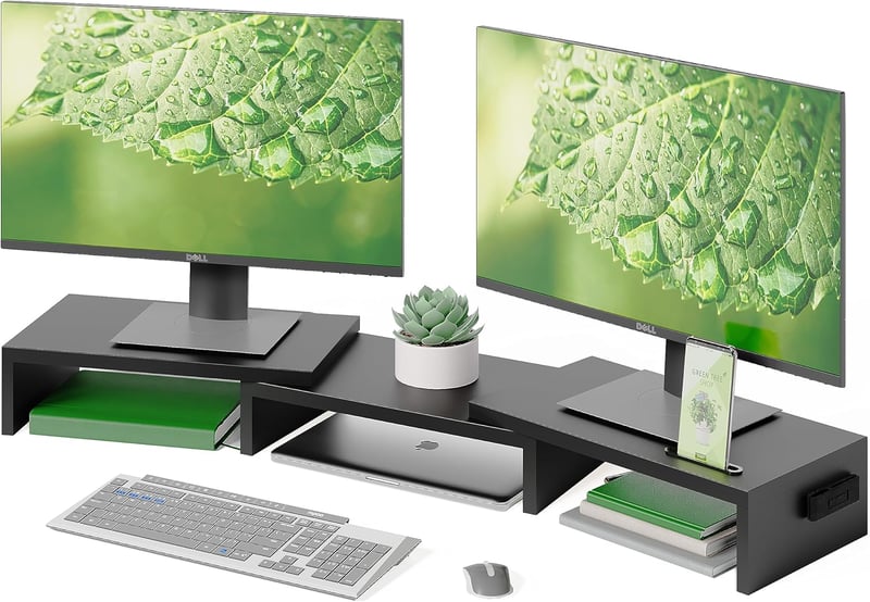 BONTEC Dupla Monitor Állvány - Állítható Magasságú és Szögű Fa Asztali Szervező Telefontartóval, Kábelrendezővel PC Monitorhoz, Laptophoz, 5