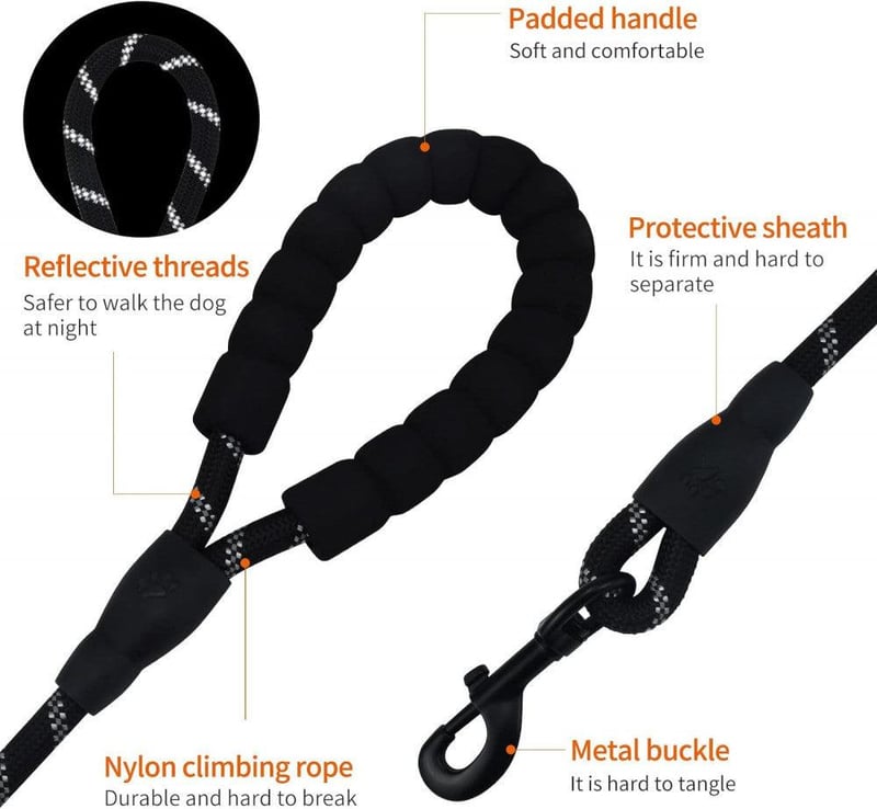 Fekete Nylon Póráz 150cm, Párnázott Markolattal Sétához és Kiképzéshez