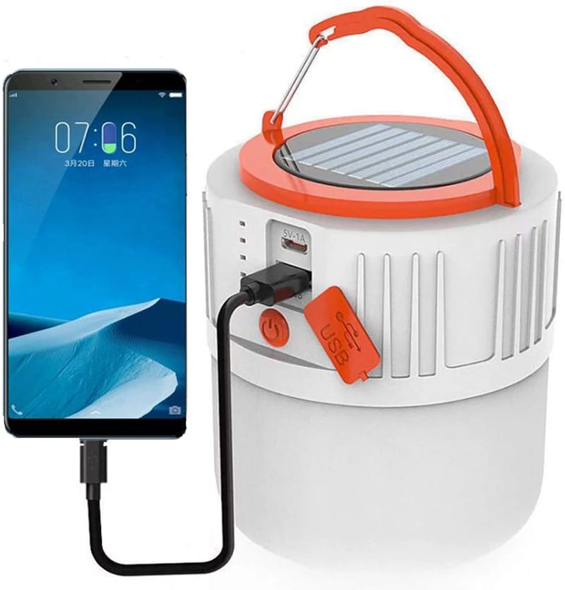 XVZ Napelemes LED Kempinglámpa - USB-s, Vízálló, 5 Fénymód, Powerbank - Fehér