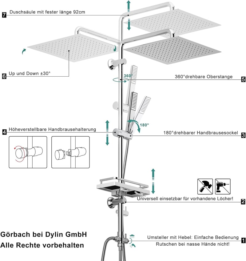 Görbach Esőztető Zuhanyszett 30x30 cm Polccal - Króm Fali Zuhanyrendszer Rozsdamentes Acélból, Csaptelep Nélkül