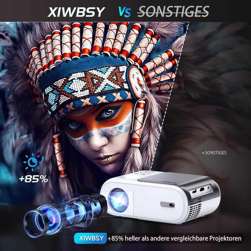 XIWBSY 10000 Lumen Mini Projektor Full HD Támogatással - Hordozható WiFi Bluetooth Házimozi, TV/Xbox/Laptop/Okostelefon Kompatibilis, 180" V