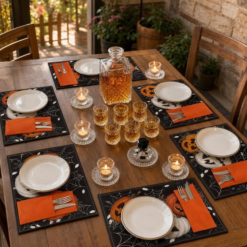 Set decor masă Halloween: 6 șervete + 6 pahare palincă + 50 șervețele + 4 sfeșnice