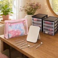 Set Beauty pentru adolescente: oglindă pliabilă + organizator 4 sertare + geantă machiaj + 10 agrafe 1