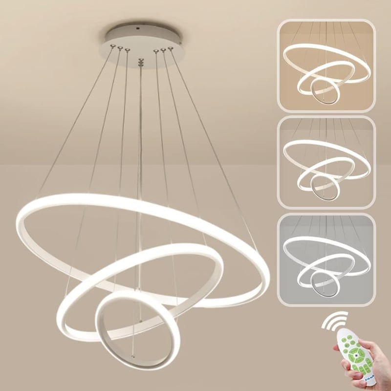 LXJCSM Modern LED Csillár 76W - 3 Gyűrűs Függőlámpa Távirányítóval, Állítható Magasság, Szabályozható 3000K-6000K, Nappali, Háló és Étkező V