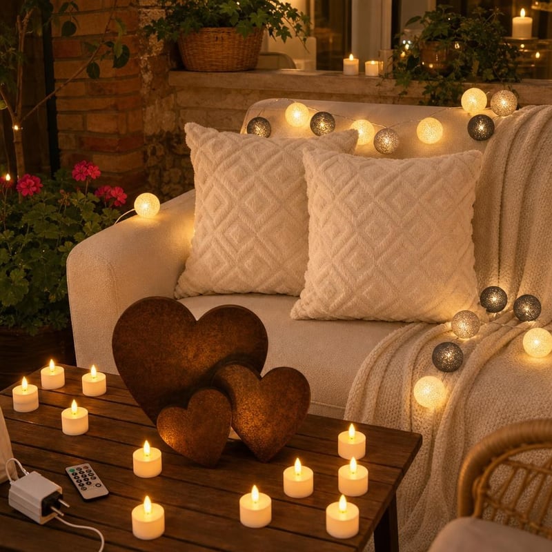 Romantični set za ugođaj: 12x LED svijeća + svjetlosni niz s kuglicama + 2x jastučnice