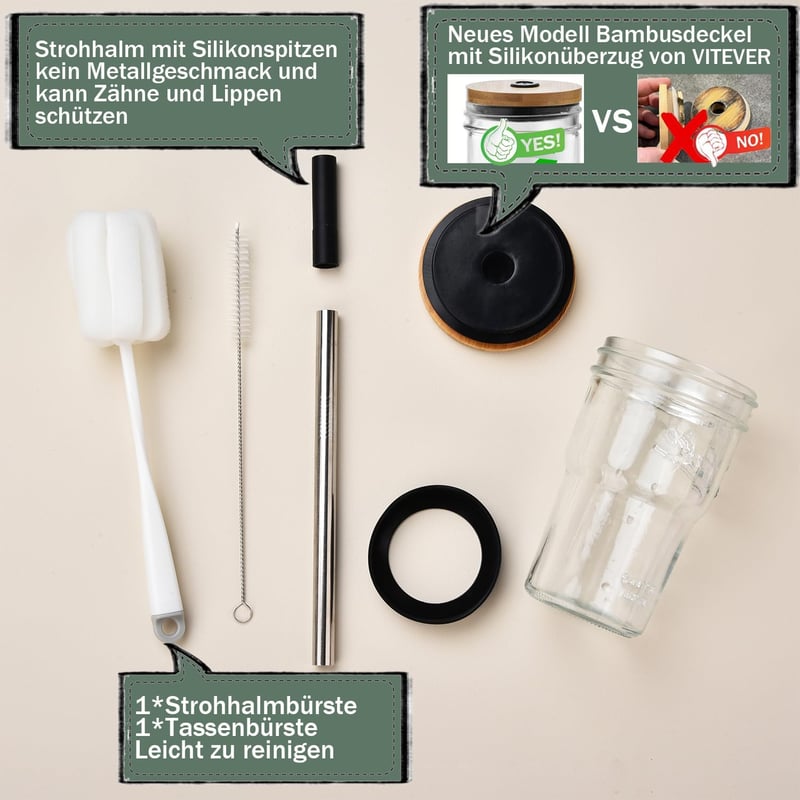 Vitever Bubble Tea pohár szett 475ml - Fehér üveg fedéllel, szívószállal