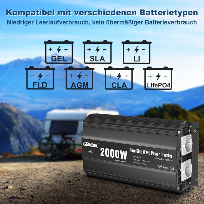 GIANDEL 2000W tiszta szinuszos inverter – 12V–230V feszültségátalakító autóba, lakóautóba és teherautóba, távirányítóval és USB csatlakozóval