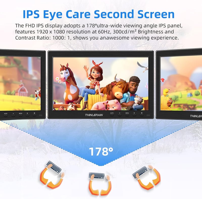 Thinlerain 10.1" IPS Monitor - 1366x768 Felbontású Kompakt Kijelző HDMI/VGA Csatlakozással, Beépített Hangszórókkal, Laptophoz és Számítógép