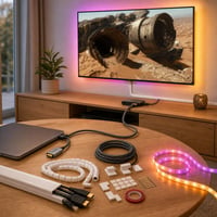 Pachet Organizare TV: Adaptor USB-C-HDMI + 10x Canal cablu + 2m Spirală + 5m HDMI + 3m Bandă LED 1