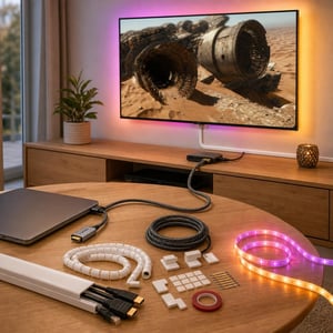 Pachet Organizare TV: Adaptor USB-C-HDMI + 10x Canal cablu + 2m Spirală + 5m HDMI + 3m Bandă LED