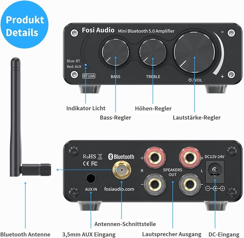 Fosi Audio BT10A Bluetooth 5.0 Sztereó Erősítő 50W - Fekete