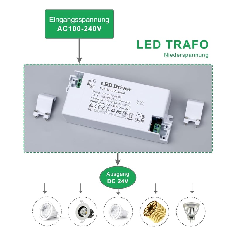REYLAX LED Transzformátor 24V 60W - Kompakt LED Tápegység 2,5A, 230V-24V Átalakító, Állandó Feszültségű Meghajtó Lámpákhoz, Szalagokhoz