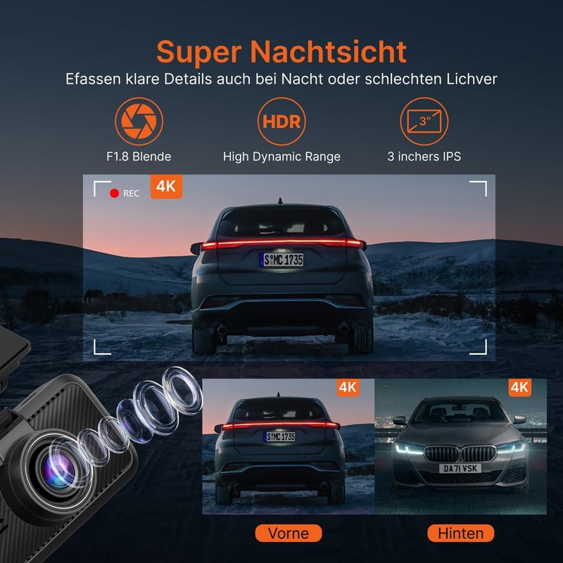 Miofive S1 Ultra 4K+4K Autós Menetrögzítő Kamera, Első-Hátsó GPS, 5.8GHz WiFi, Éjjellátó, 3" IPS Kijelző, 64GB Kártya, HDR, Applikáció
