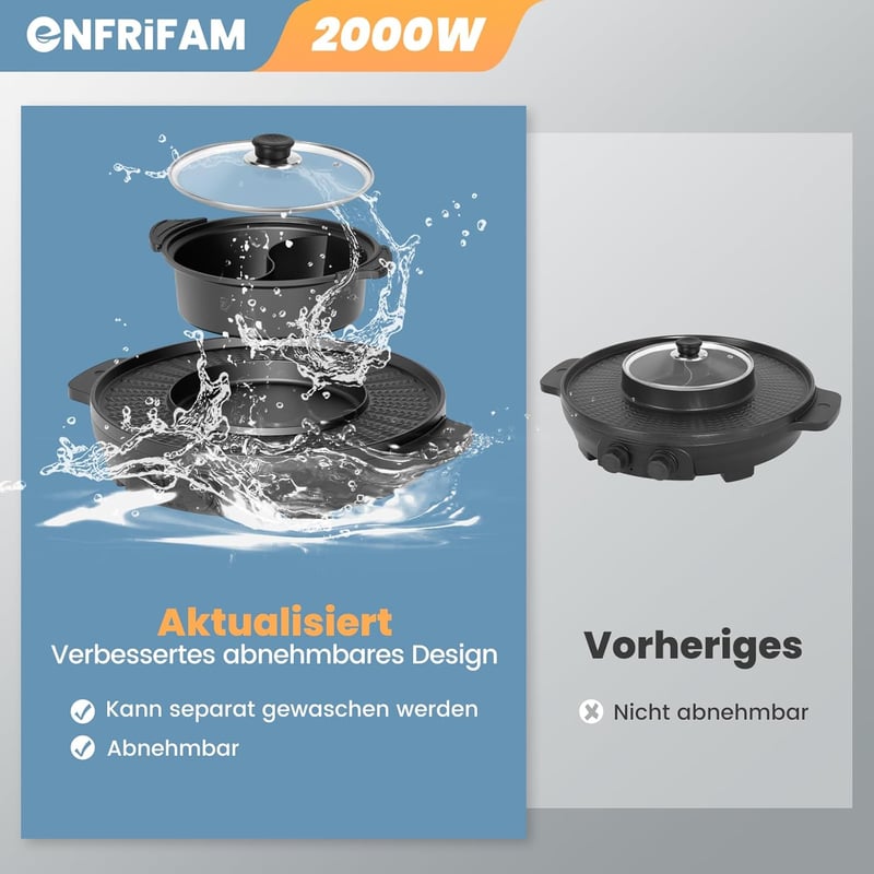 ENFRIFAM 2000W Elektromos Hot Pot és Raclette Grill, 8 Személyes, Kettős Főzőzóna, Független Hőmérséklet Szabályozás, Tapadásmentes Bevonat