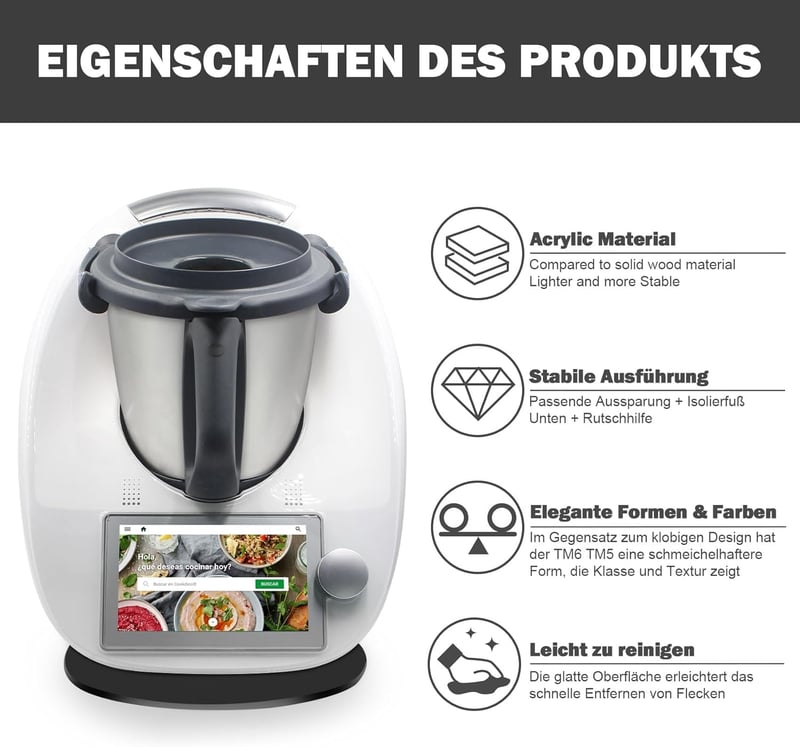 Placă glisantă cu role pentru Thermomix TM6 TM5 - Suport culisant acrilic negru pentru robotul Vorwerk