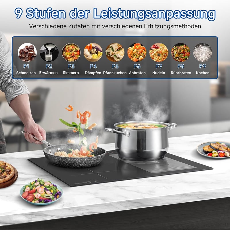 AMZCHEF 60 cm-es Indukciós Főzőlap Flex Zónákkal - 4 Zónás, 7200W, 9 Teljesítményszint, Boost Funkció, Időzítő, Gyerekzár, Túlmelegedés Elle