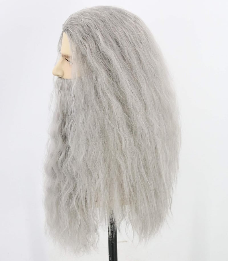Topcosplay Varázsló Paróka és Szakáll Szett - Szürke/Fehér Hőálló Műhaj Gandalf Jelmez Farsangra, Halloweenre - Állítható Méret 54-60 cm