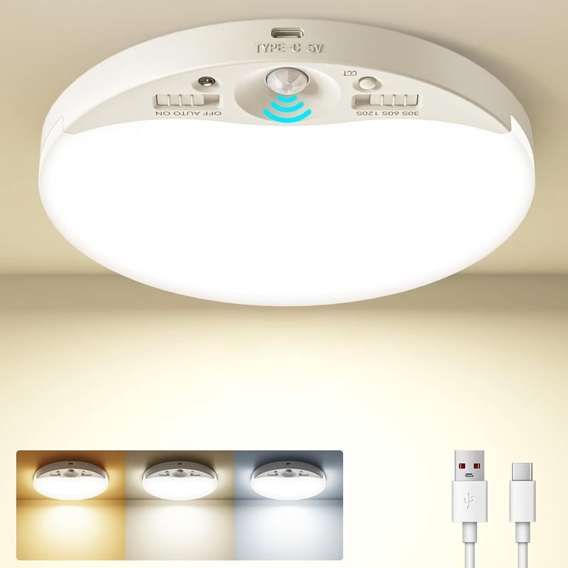 zemty Akkumulátoros Mennyezeti Lámpa Mozgásérzékelővel - 16 cm Kerek LED Lámpatest, 3 Színhőmérséklet, Tölthető, Vezeték Nélküli, Fürdőszobá