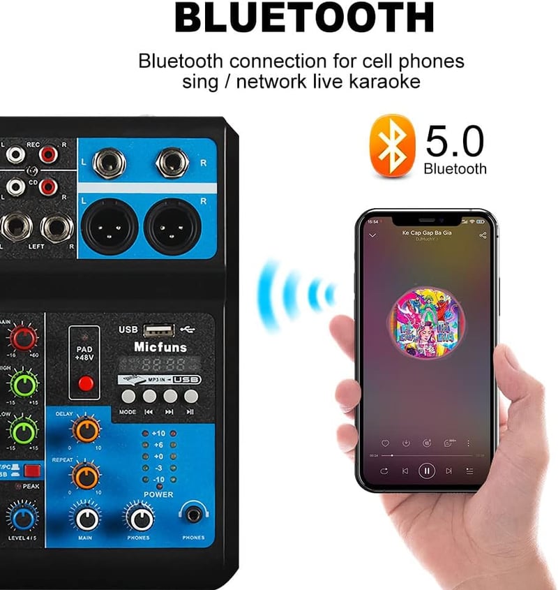 micfuns M-5 Mini DJ Keverőpult 5 Csatornás Hangkeverő Bluetooth USB MP3 Funkcióval, 48V Fantomtáp, Stúdió Felvételhez, Élő Közvetítéshez