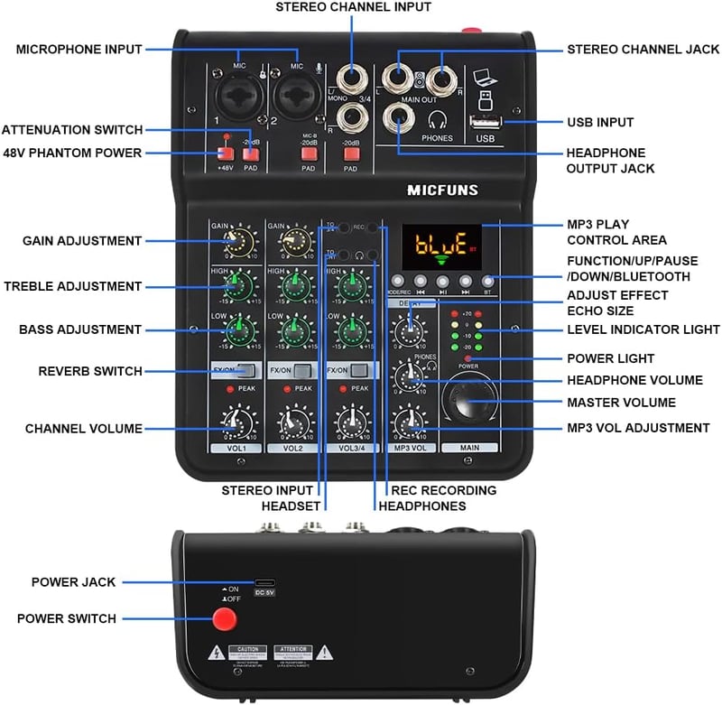 Behringer M4 Bluetooth DJ Keverő - 4 Csatornás Hordozható Stúdió és Karaoke Keverőpult
