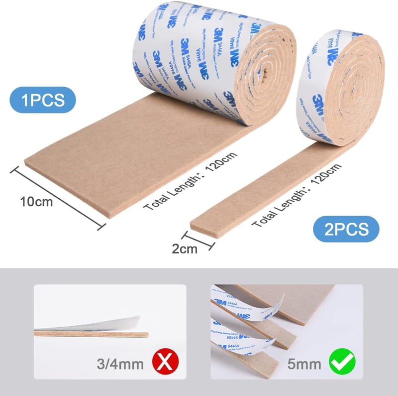 Vicloon Öntapadós Filcpárna Szett - 3 Tekercs Barna Filccsík Bútorlábakhoz (1x120x10cm + 2x120x2cm) - Vágható, Erős Tapadású Csúszásgátló Pa