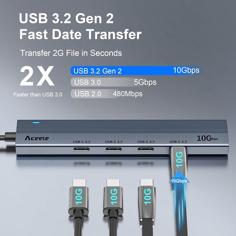 Aceele USB 3.0 Hub 4 portos, MacBook/iMac/Windows laptop kompatibilis, 1,2m kábel