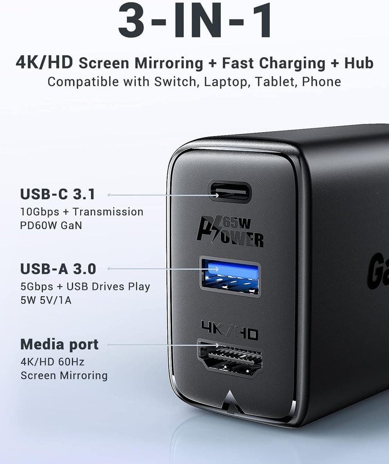 ACEFAST 65W GaN USB-C gyorstöltő 4K HDMI kimenettel, 100W kábellel - MacBook, iPad, Switch kompatibilis