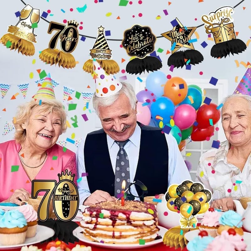 Fekete-Arany 70. Születésnapi Méhsejt Asztaldísz Szett (8db)