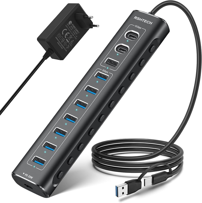 RSHTECH 11-Portos USB C 3.2 Hub Aktív Tápellátással - 60W, 10Gbps Adatátvitel, 3 USB-C és 8 USB-A Port, Alumínium, Fekete - A11PD