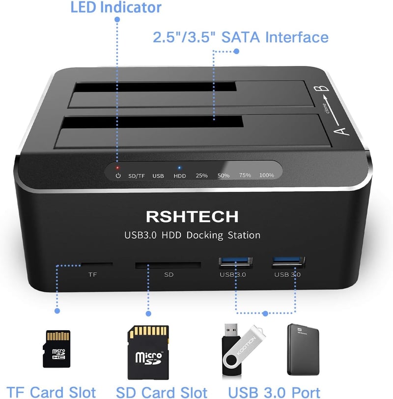 RSHTECH USB 3.0 Alumínium HDD/SSD Dokkoló 2 Tárhelyhez, Klónozással, SD/TF Kártyaolvasóval