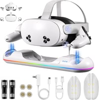 SPEEDY BEE Töltőállomás Meta Quest 3/3S/2 Headsethez - Mágneses VR Állvány RGB Világítással, 2 Újratölthető 2100mAh Akkumulátorral és USB Ki 8