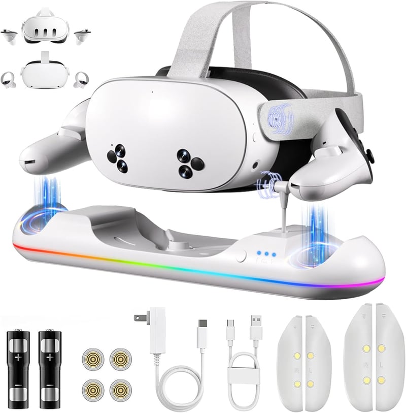 SPEEDY BEE Töltőállomás Meta Quest 3/3S/2 Headsethez - Mágneses VR Állvány RGB Világítással, 2 Újratölthető 2100mAh Akkumulátorral és USB Ki