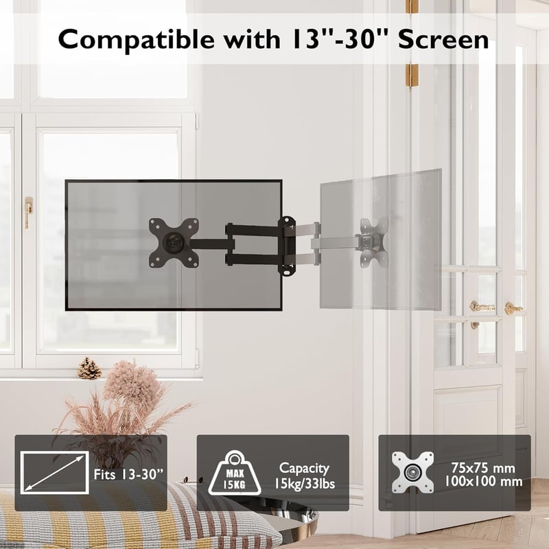 BONTEC Fali Monitor Tartó 13-30" Képernyőkhöz - Dönthető/Forgatható TV Konzol, VESA 75x75/100x100, 15kg Teherbírás, Beépített Vízmértékkel