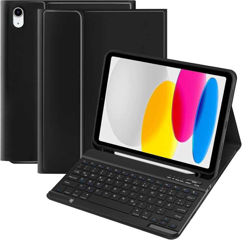 TQQ Levehető Bluetooth Billentyűzetes Tok iPad A16 11 Gen 2025/10 Gen 2022 (11/10.9") Készülékekhez - Német QWERTZ Kiosztás, Többféle Látósz