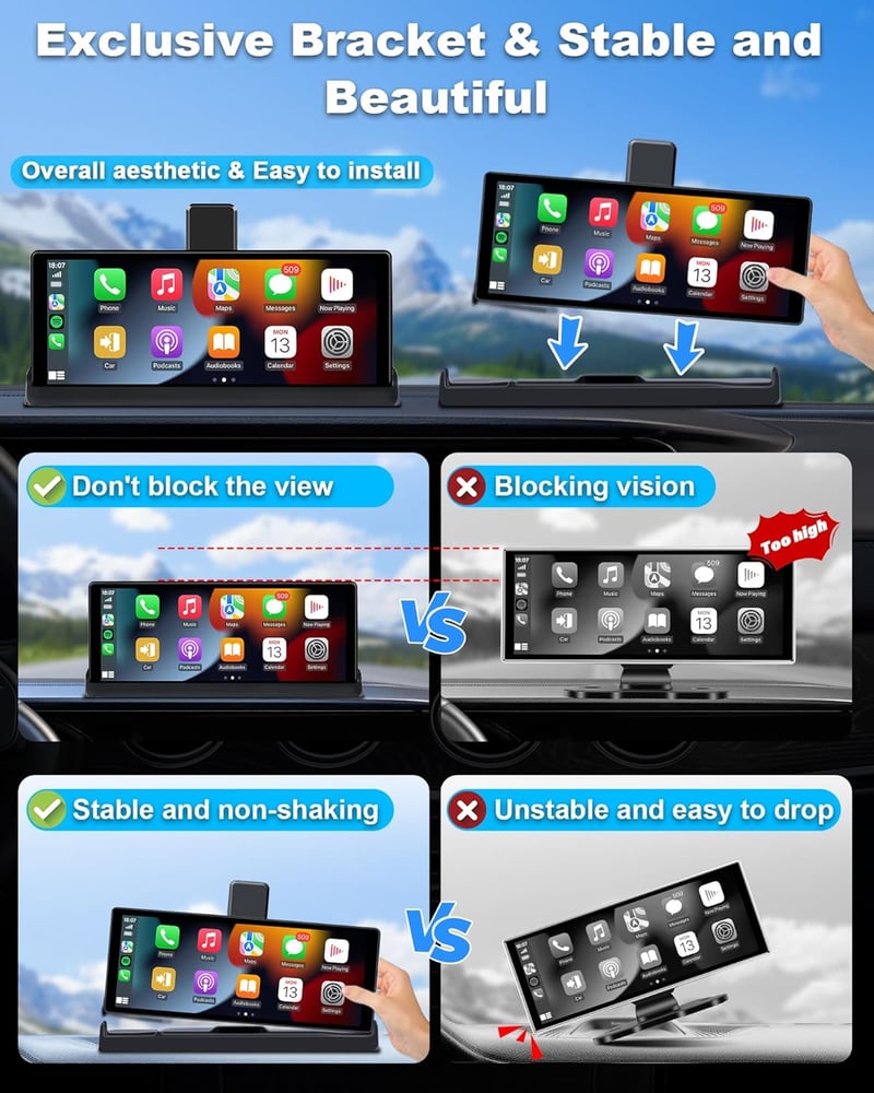 Vtopek 10,26" 4K Apple CarPlay Kijelző 350° Forgatható Kamerával - Vezeték Nélküli Android Autós Monitor, Bluetooth, Siri, Navigáció, 64GB T