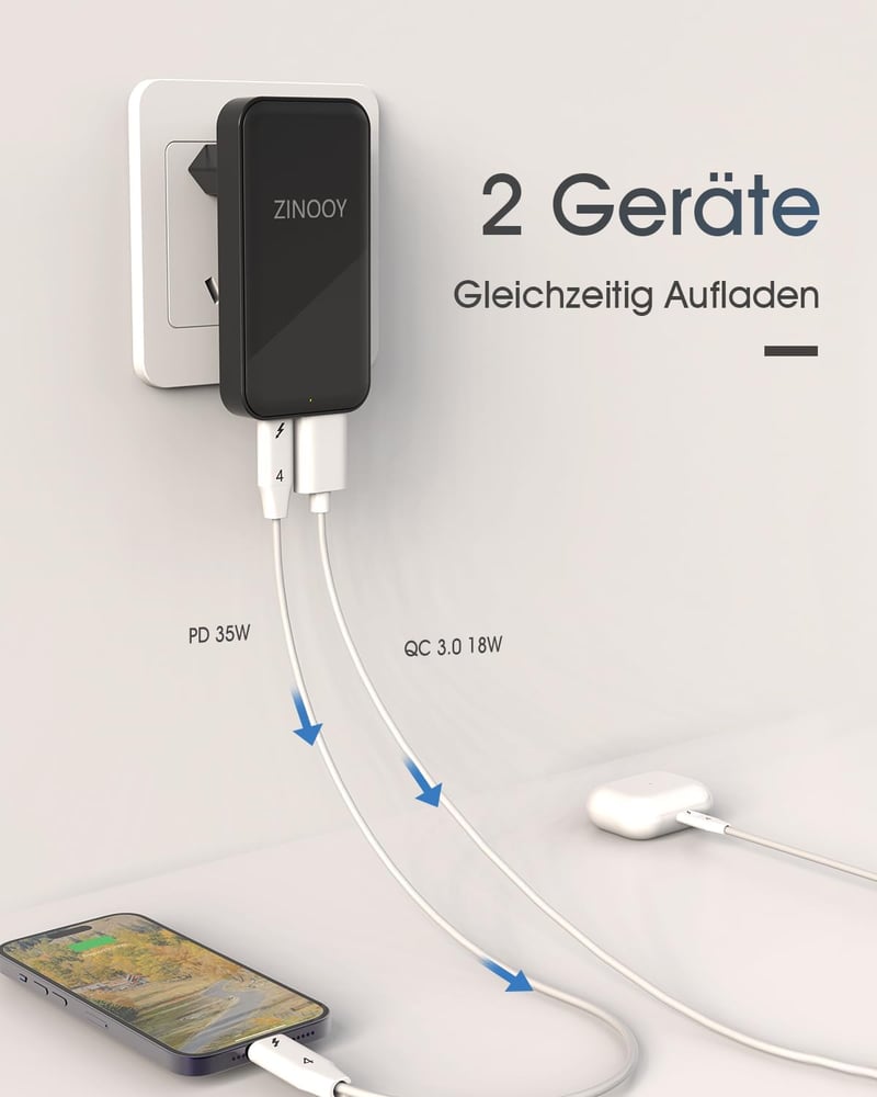 Zinooy 35W USB C Töltő, Lapos Fali Adapter iPhone 11/12/13/15 Pro Max és Samsung Galaxy Készülékekhez, Ultravékony PD Gyorstöltő