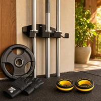 Set za trening snage: 2x opruge 50 mm + gumirani utezi + zidni nosač šipke + rukavice 1